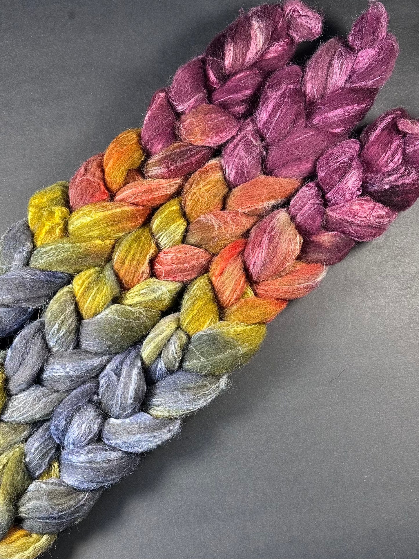 "Prismatic Shard" Grey Shetland and Tussah Silk blend combed top
