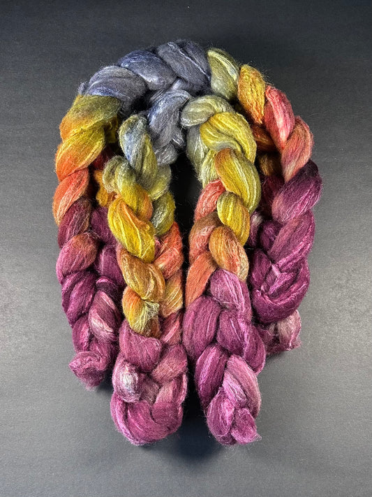 "Prismatic Shard" Grey Shetland and Tussah Silk blend combed top
